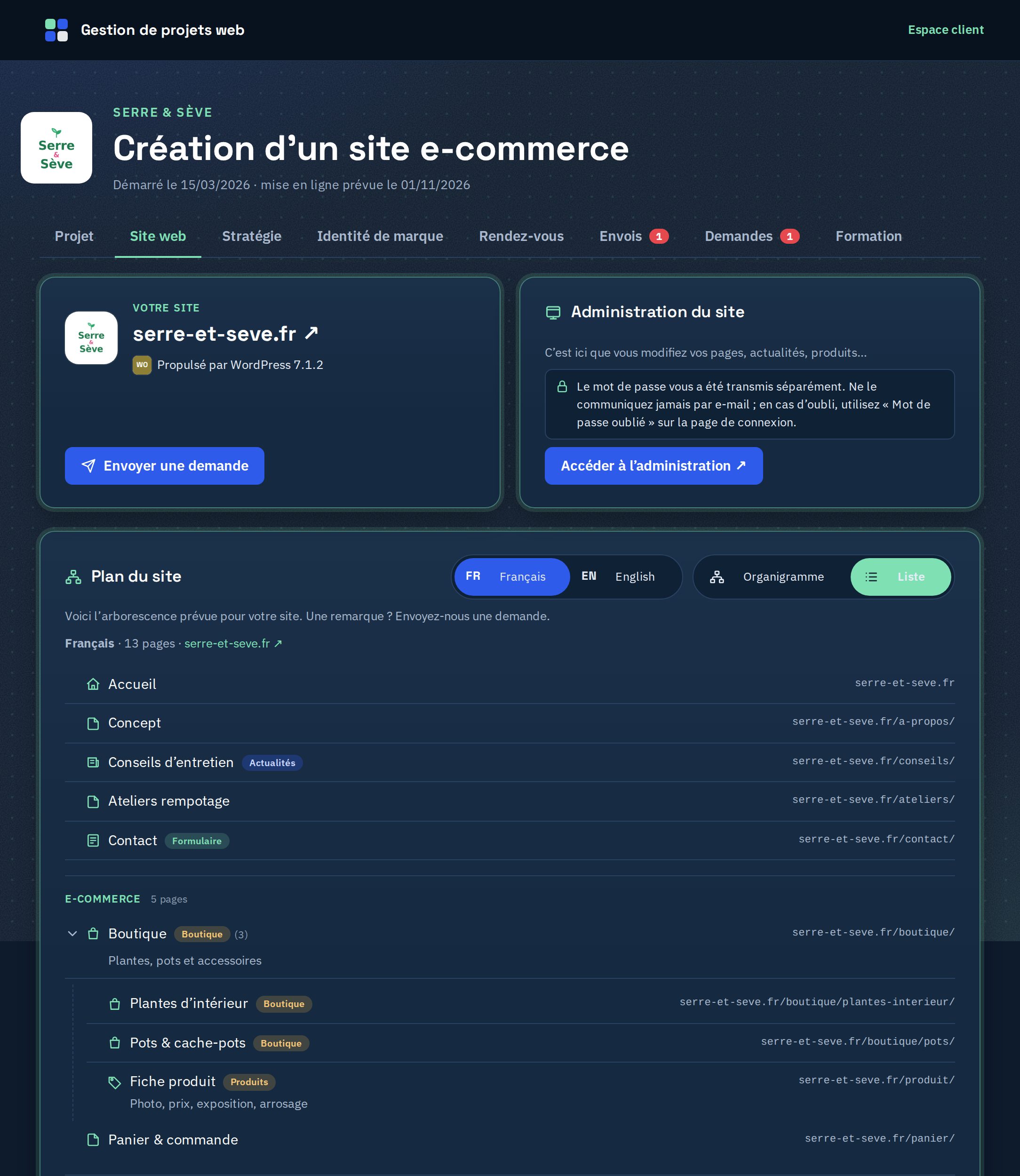Onglet Site web de l’espace client : adresse de la boutique, accès à l’administration et plan du site bilingue en liste, avec sa rubrique E-commerce.